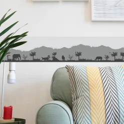 Frise adhésive décorative Savane 15x300cm: éléphant, girafe, hippo, lion, rhino, grue, palmier, baobab, tons gris autocollante.