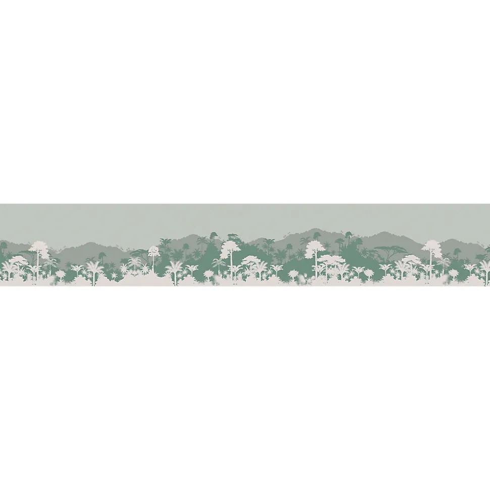 Frise adhésive décorative Sorreisa Prairie, 15 cm X 300 cm, Autocollante, Paysage Jungle et Montagnes, 3 nuances de Verts.