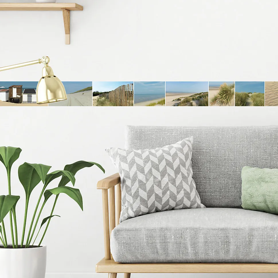 Frise adhésive Dunes, Mouettes et Cabines de Plage en Bois, 10 cm x 300 cm, Décoration Bord de Mer, 10 cm x 300 cm
