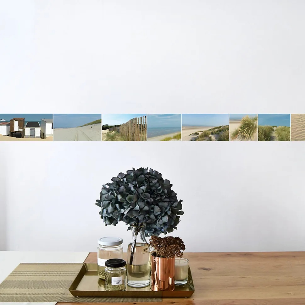 Frise adhésive Dunes, Mouettes et Cabines de Plage en Bois, 10 cm x 300 cm, Décoration Bord de Mer, 10 cm x 300 cm