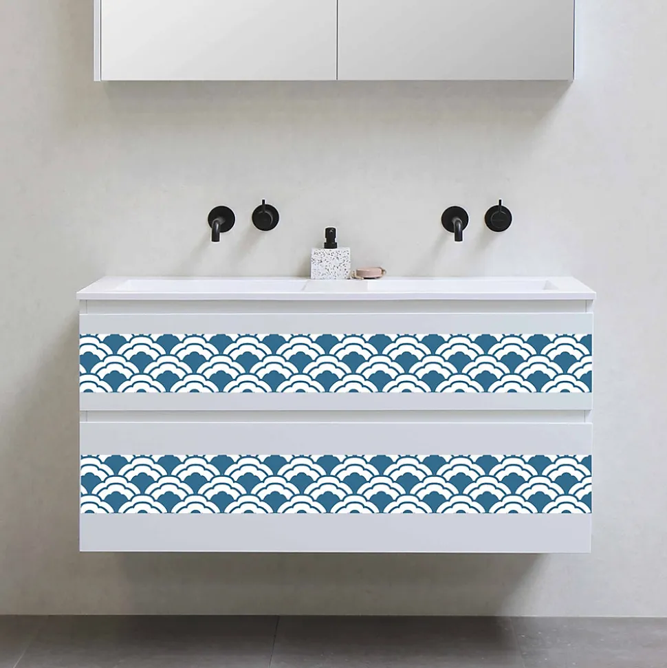 Frise adhésive Melbo 15 cm X 300 cm, autocollante, motifs éventails nuages bleu et blanc, décoration murale intérieure.