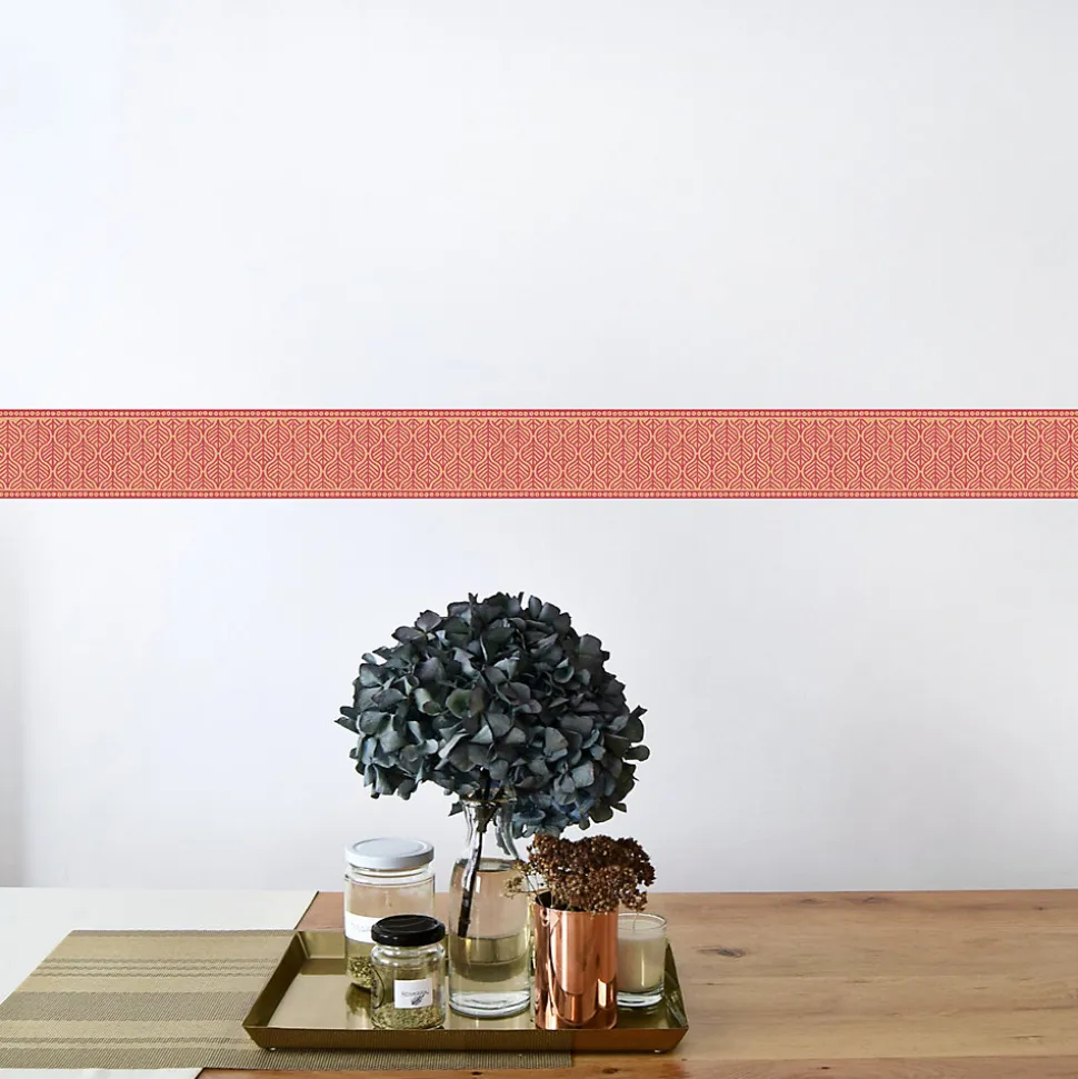 Frise adhésive rouge 10x300cm, déco artistique fleurs symétriques pour murs et sols - Décoration murale fleurs symétriques