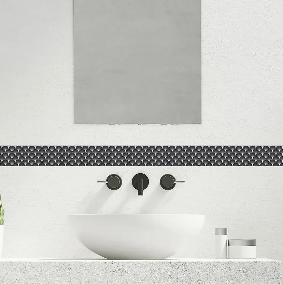 Frise décorative adhésive, arboréa noir motif éventails noir et blanc, 5 cm X 300 cm
