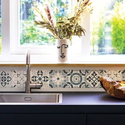 Frise décorative adhésive, borgatella bleu, motif de carreaux de ciment ancien, 9 cm X 300 cm