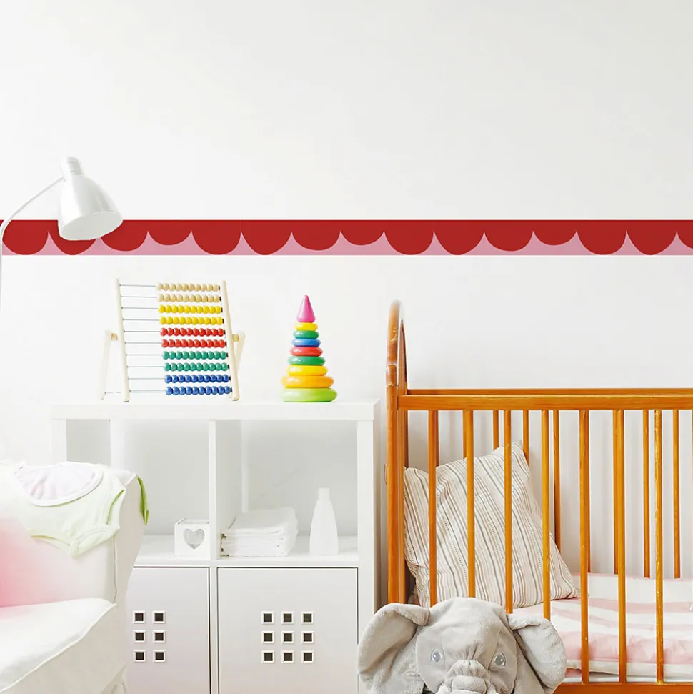 Frise décorative adhésive, festonnée irrégulier rouge et rose, motif géométrique, enfant, 5 cm X 300 cm