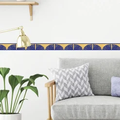 Frise décorative adhésive, motif africain bleu, sur fond jaune, tendance, exotique, 9 cm X 300 cm