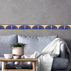 Frise décorative adhésive, motif africain bleu, sur fond jaune, tendance, exotique, 9 cm X 300 cm