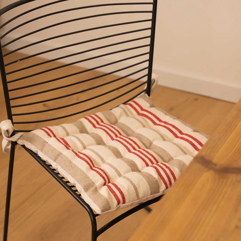 Galette de chaise matelassée à rayures en toile canevas (40x40 cm - Rouge)