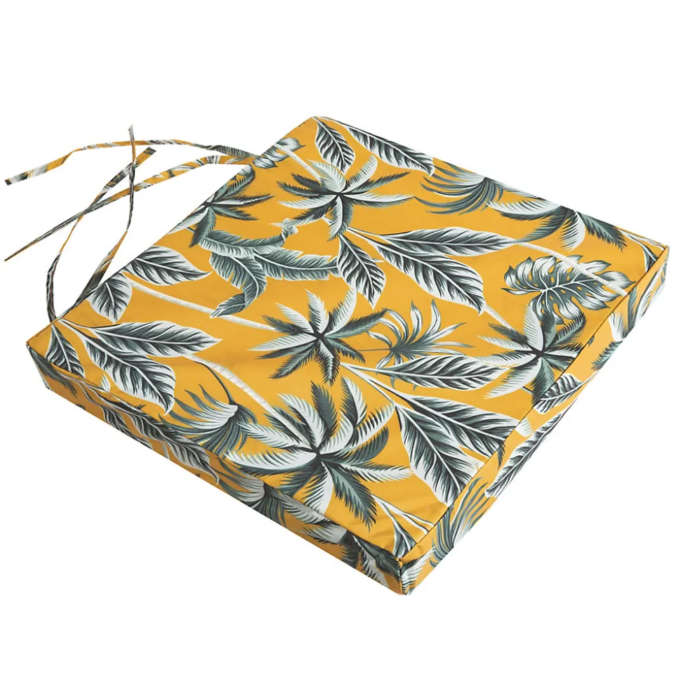 Gallette de chaise carré imperméable imprimé jungle jaune et vert L.38 x l.38 x ep.8cm Deco&co