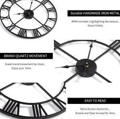 Grande horloge murale ronde en métal style vintage, silencieuse, sans tic-tac, à piles, 40 cm, noire, chiffres romains