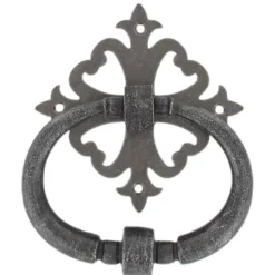 Heurtoir de porte fer sur rosace carré ajourée vieil argent argent antique