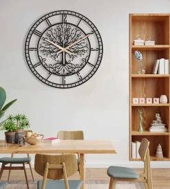Horloge Murale en Métal Arbre de Vie Silencieuse pour Cuisine, Salon, Salle de Bain, Chambre à Coucher (60 x 60 cm)