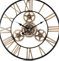 Horloge Murale Géante Métal 60cm, Engrenages Or Industrielle Silencieuse Chiffres Romains pour Salon Bar Restaurant