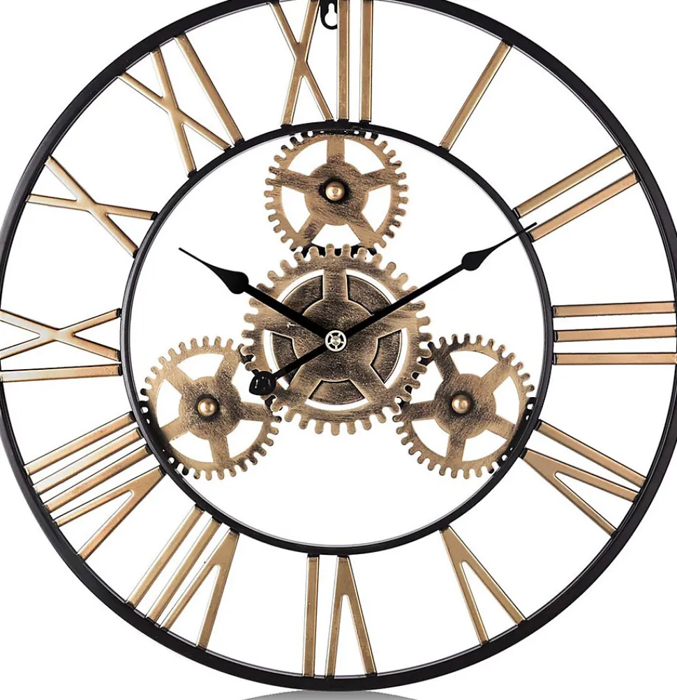 Horloge Murale Géante Métal 60cm, Engrenages Or Industrielle Silencieuse Chiffres Romains pour Salon Bar Restaurant