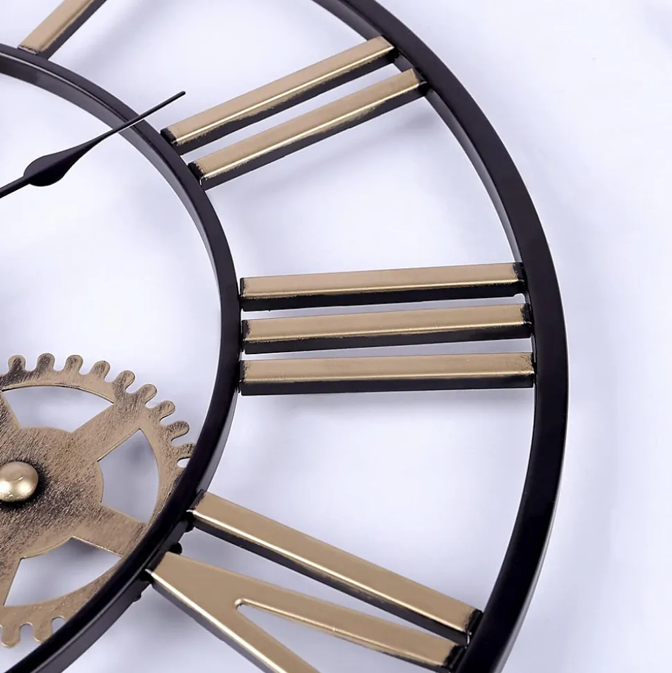 Horloge Murale Géante Métal 60cm, Engrenages Or Industrielle Silencieuse Chiffres Romains pour Salon Bar Restaurant