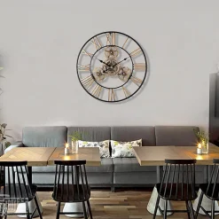 Horloge Murale Géante Métal 60cm, Engrenages Or Industrielle Silencieuse Chiffres Romains pour Salon Bar Restaurant
