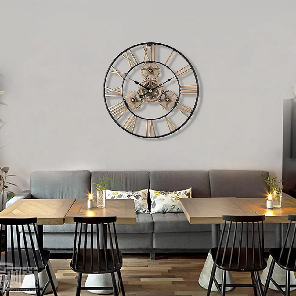 Horloge Murale Géante Métal 60cm, Engrenages Or Industrielle Silencieuse Chiffres Romains pour Salon Bar Restaurant