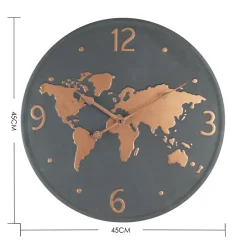 Horloge Murale Métal, Design Mappemonde, Gris Foncé Brun Cuivré, Salon Cuisine 45 cm