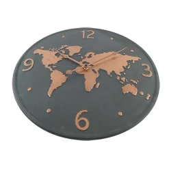 Horloge Murale Métal, Design Mappemonde, Gris Foncé Brun Cuivré, Salon Cuisine 45 cm