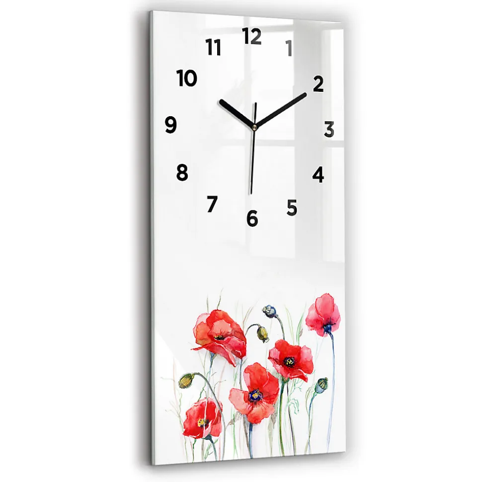 Horloge murale Wallfluent 30x60 cm Avec chiffres Aiguilles noires Coquelicots rouges peints 1 pcs