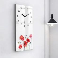 Horloge murale Wallfluent 30x60 cm Avec chiffres Aiguilles noires Coquelicots rouges peints 1 pcs