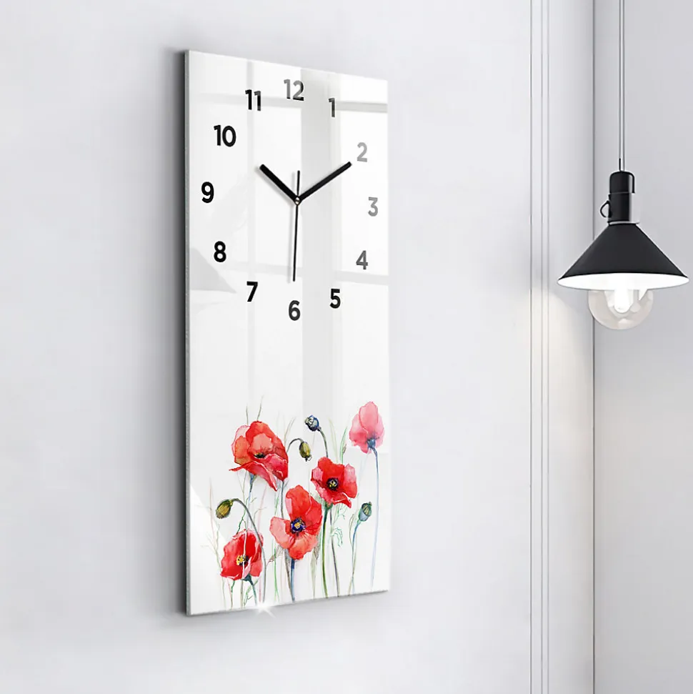 Horloge murale Wallfluent 30x60 cm Avec chiffres Aiguilles noires Coquelicots rouges peints 1 pcs