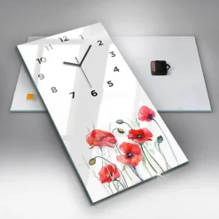 Horloge murale Wallfluent 30x60 cm Avec chiffres Aiguilles noires Coquelicots rouges peints 1 pcs