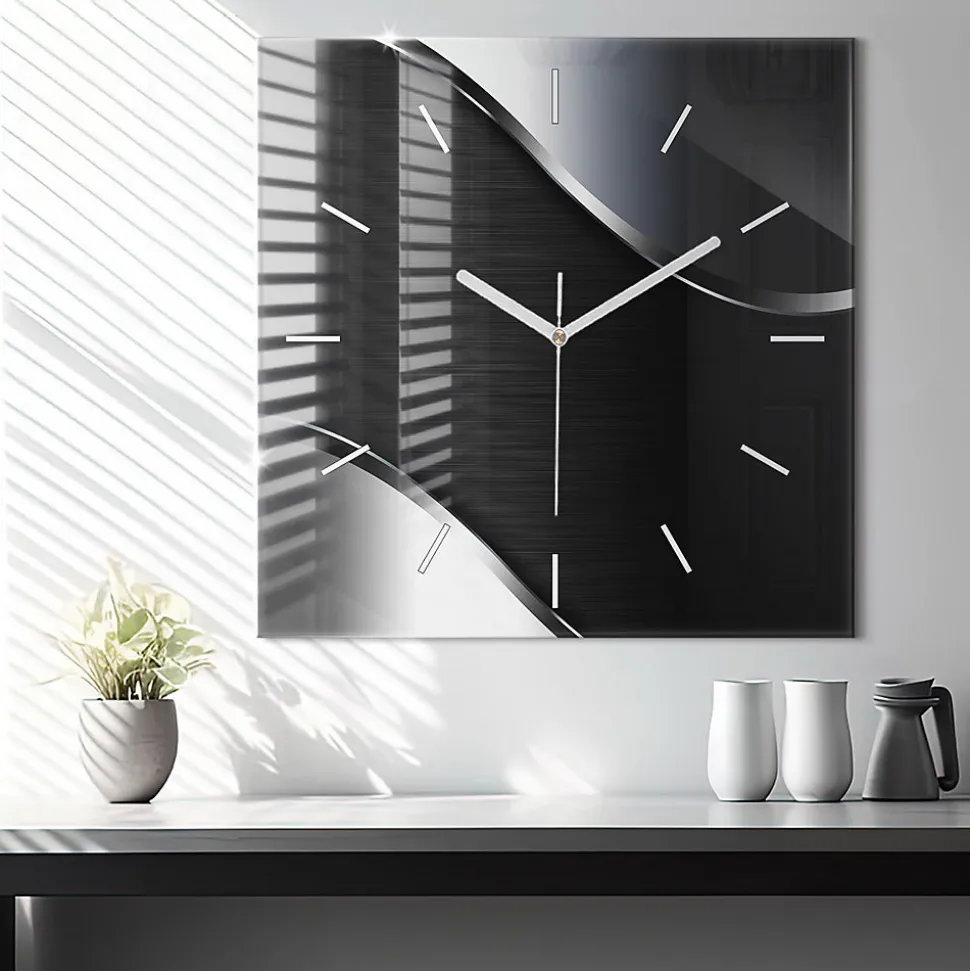 Horloge murale Wallfluent 60x60 cm Aiguilles blanches Lignes noires et argentées 1 pcs