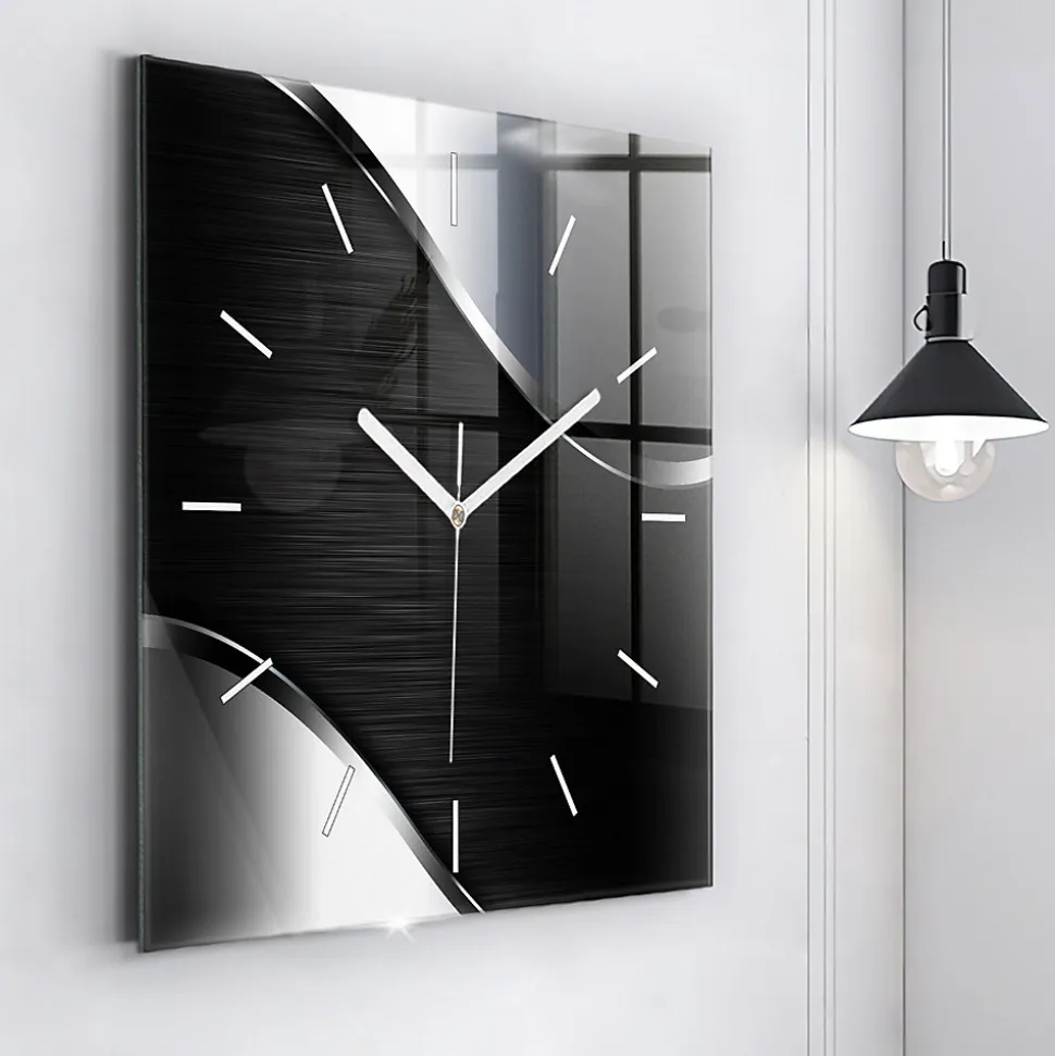 Horloge murale Wallfluent 60x60 cm Aiguilles blanches Lignes noires et argentées 1 pcs