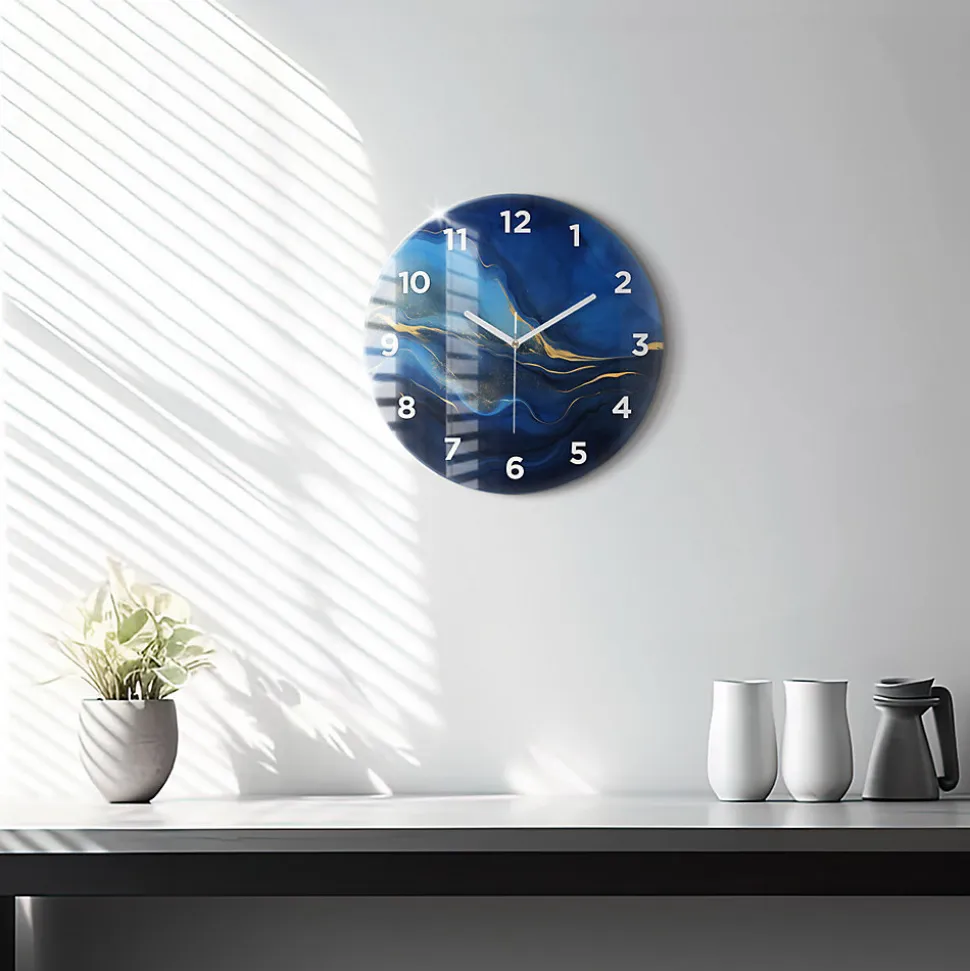 Horloge murale Wallfluent fi30 cm Avec chiffres Aiguilles blanches Marbre bleu 1 pcs