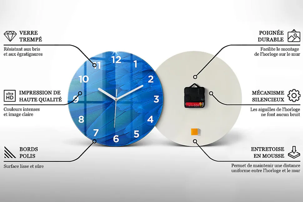 Horloge murale Wallfluent fi30 cm Avec chiffres Aiguilles blanches Marbre bleu 1 pcs
