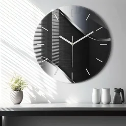 Horloge murale Wallfluent fi60 cm Aiguilles blanches Lignes noires et argentées 1 pcs