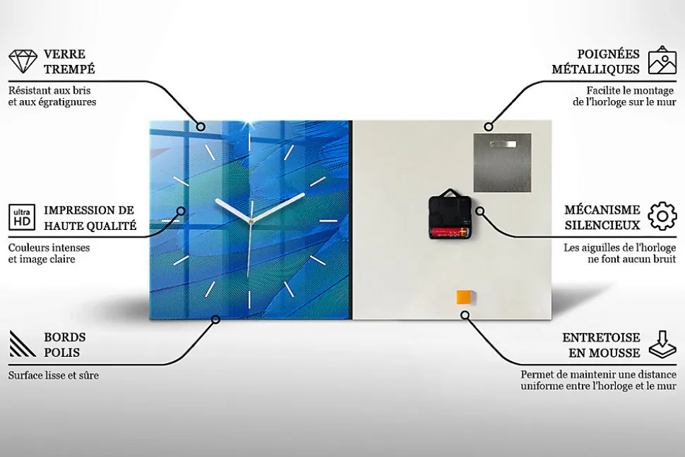 Horloge murale Wallfluent 60x30 cm Aiguilles blanches Abstraction noire 1 pcs