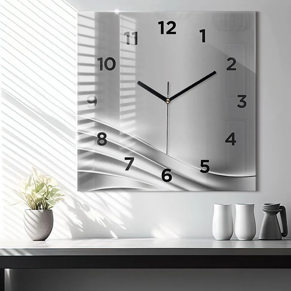 Horloge murale Wallfluent 60x60 cm Avec chiffres Aiguilles noires Abstraction argentée 1 pcs
