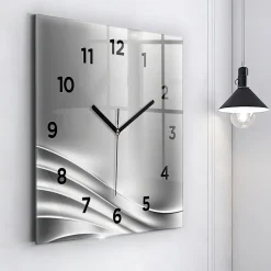 Horloge murale Wallfluent 60x60 cm Avec chiffres Aiguilles noires Abstraction argentée 1 pcs
