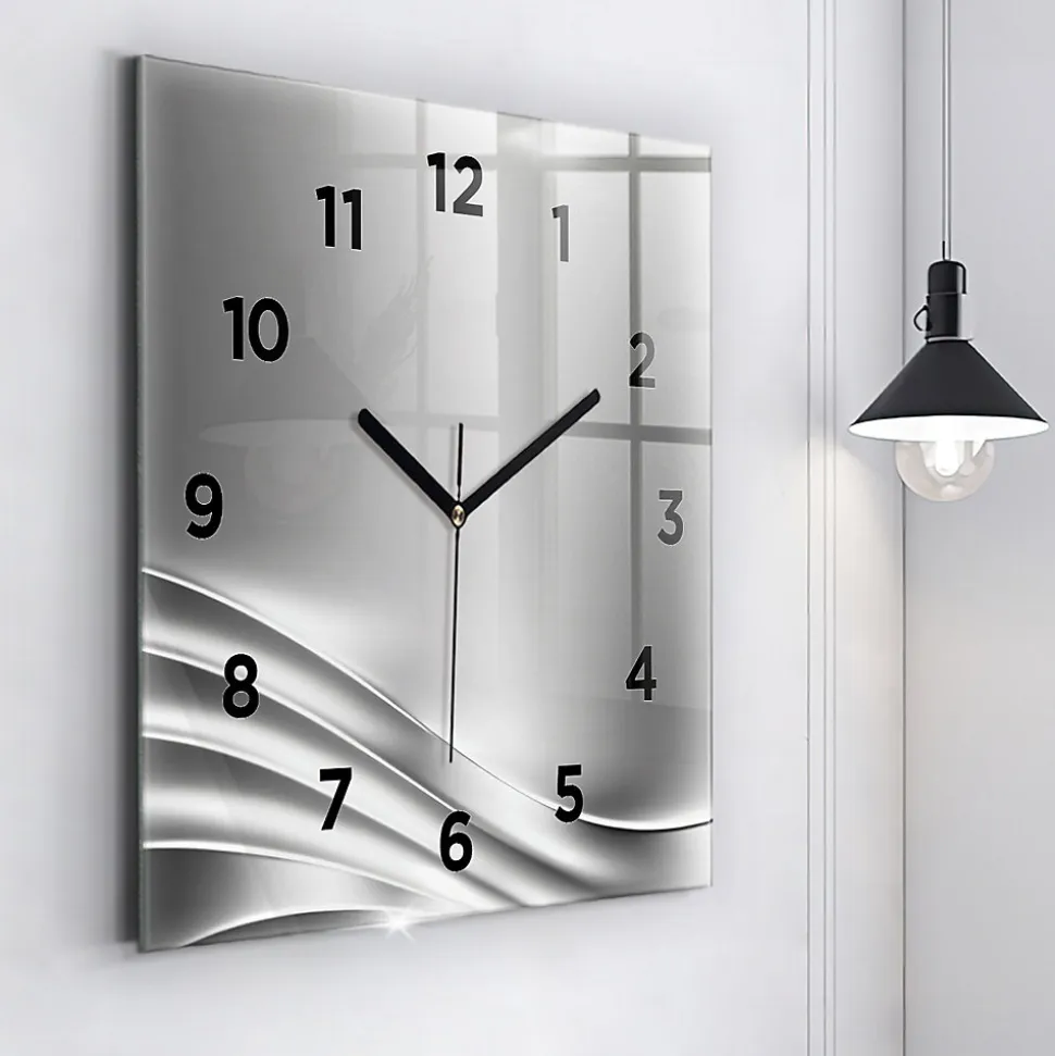Horloge murale Wallfluent 60x60 cm Avec chiffres Aiguilles noires Abstraction argentée 1 pcs