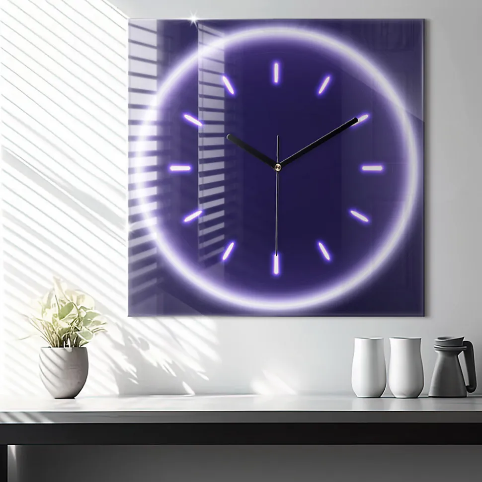 Horloge murale Wallfluent 60x60 cm Aiguilles noires Traits néon 1 pcs