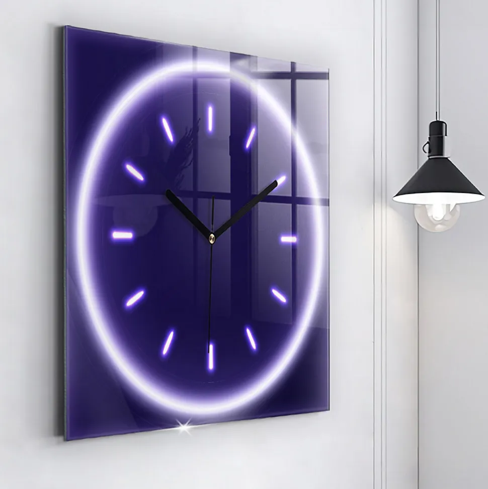 Horloge murale Wallfluent 60x60 cm Aiguilles noires Traits néon 1 pcs