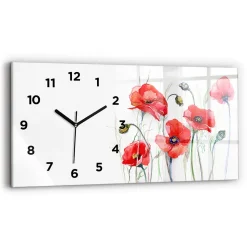 Horloge murale Wallfluent 60x30 cm Avec chiffres Aiguilles noires Coquelicots rouges peints 1 pcs