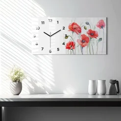 Horloge murale Wallfluent 60x30 cm Avec chiffres Aiguilles noires Coquelicots rouges peints 1 pcs