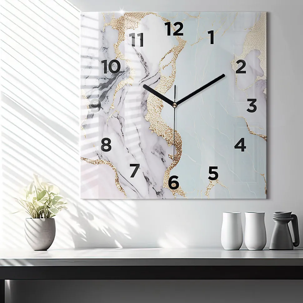 Horloge murale Wallfluent 60x60 cm Avec chiffres Aiguilles noires Marbre pastel 1 pcs