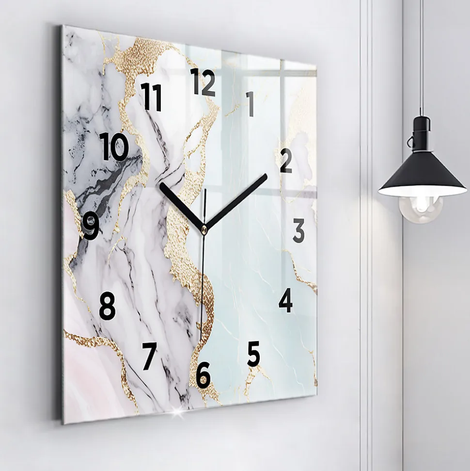 Horloge murale Wallfluent 60x60 cm Avec chiffres Aiguilles noires Marbre pastel 1 pcs