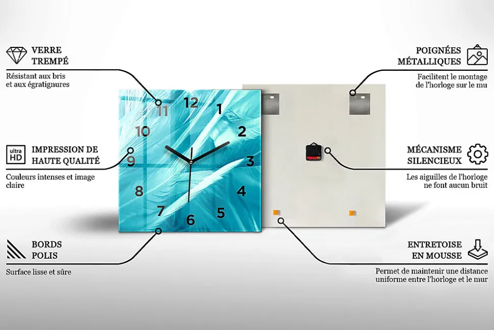 Horloge murale Wallfluent 60x60 cm Avec chiffres Aiguilles noires Marbre pastel 1 pcs