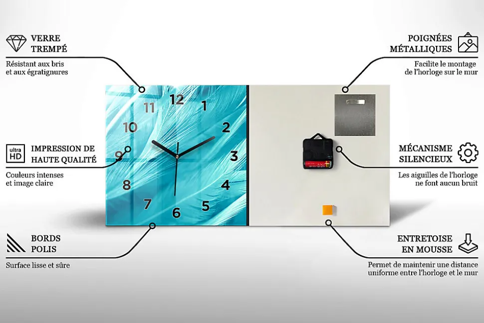 Horloge murale Wallfluent 60x30 cm Avec chiffres Aiguilles noires Abstraction métallique 1 pcs