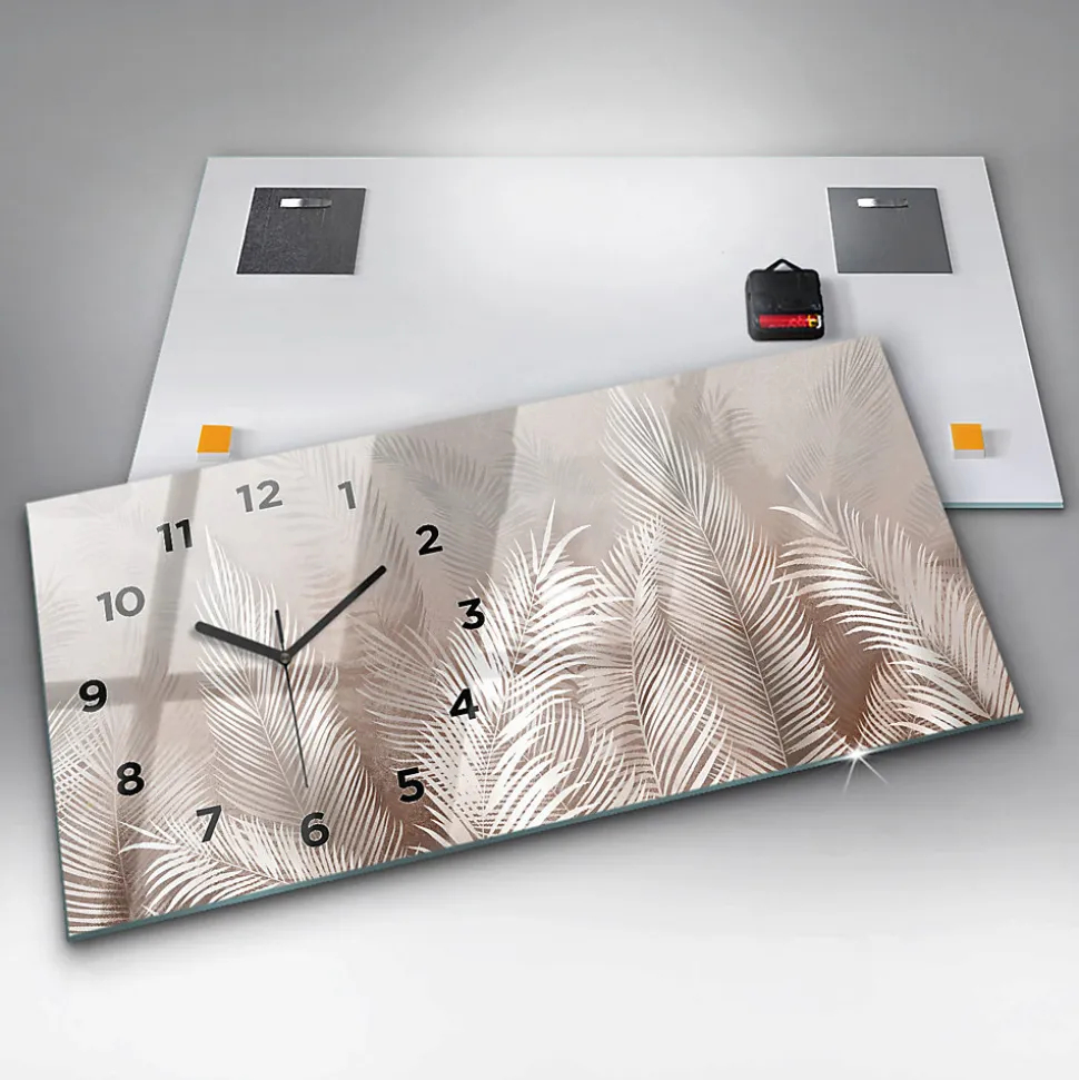 Horloge murale Wallfluent 60x30 cm Avec chiffres Aiguilles noires Feuilles tropicales 1 pcs