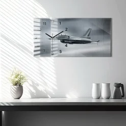 Horloge murale Wallfluent 60x30 cm Avec chiffres Aiguilles noires Avion militaire en vol 1 pcs