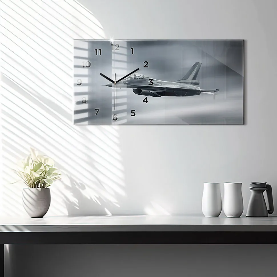 Horloge murale Wallfluent 60x30 cm Avec chiffres Aiguilles noires Avion militaire en vol 1 pcs