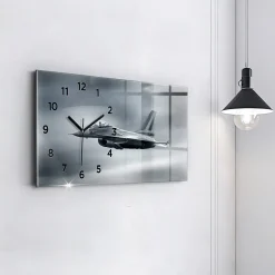 Horloge murale Wallfluent 60x30 cm Avec chiffres Aiguilles noires Avion militaire en vol 1 pcs