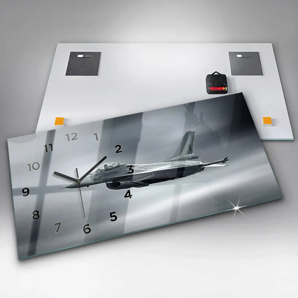 Horloge murale Wallfluent 60x30 cm Avec chiffres Aiguilles noires Avion militaire en vol 1 pcs
