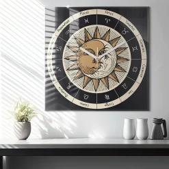 Horloge murale Wallfluent 60x60 cm Aiguilles blanches Soleil et signes du zodiaque 1 pcs